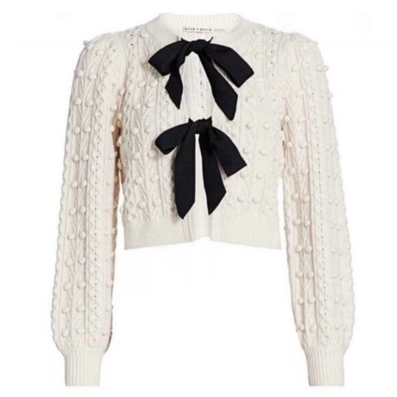Alice + Olivia Kitty Puff Sleeve Cardigan Sweater Size L Cream Bobble Cable Knit - Picture 1 of 11